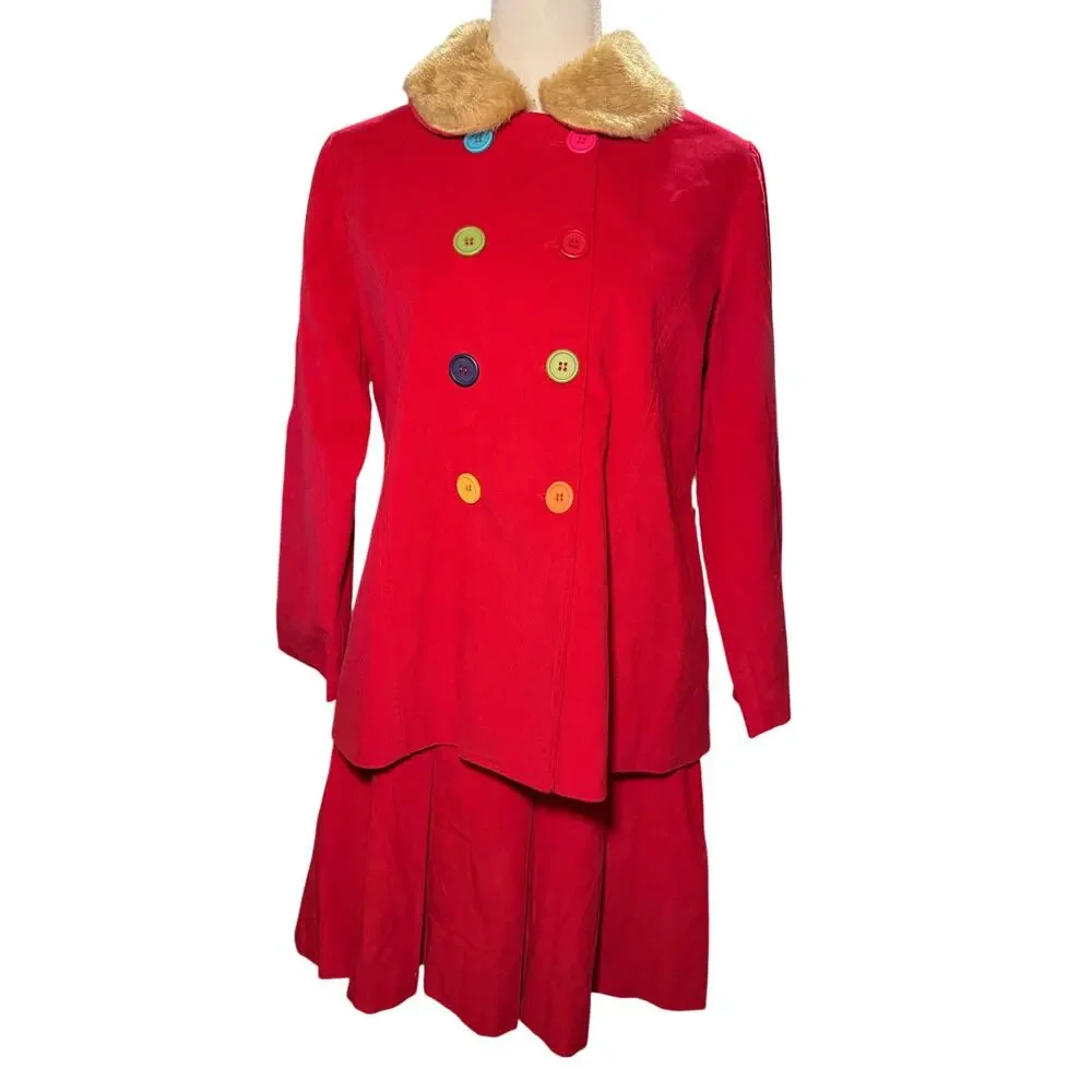 Jellybean Vintage Red Corduroy Skirt Suit Faux Fur Collar, Girls Plus 14.5, NWT